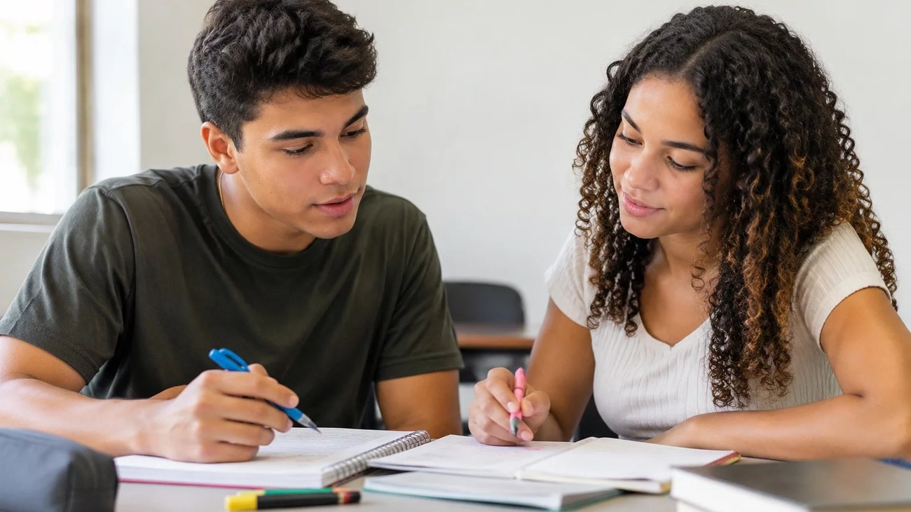 Estudantes de mochila nas costas conversando no corredor de uma universidade