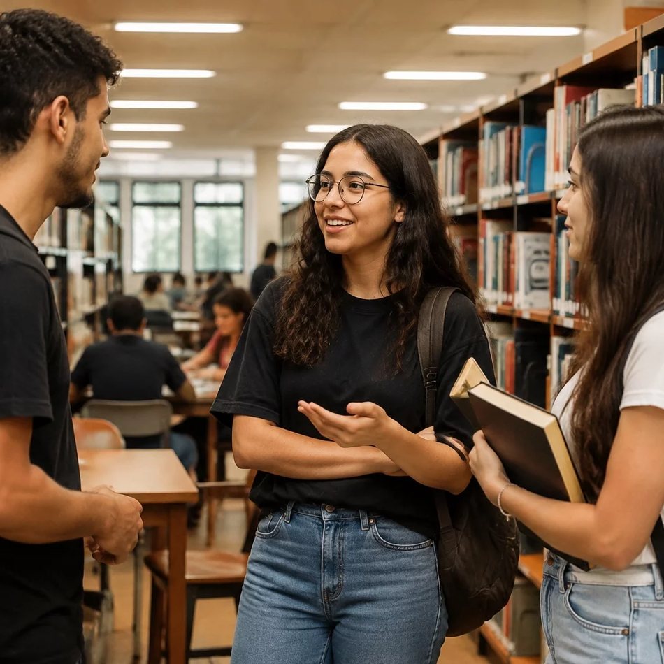 Participantes conversando de pé entre as prateleiras de uma biblioteca